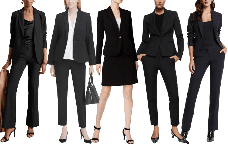 5 professionella kvinnor bär prisvärda kostymer för intervjuer