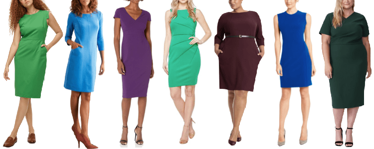 collage of 7 colorful work-appropriate dresses