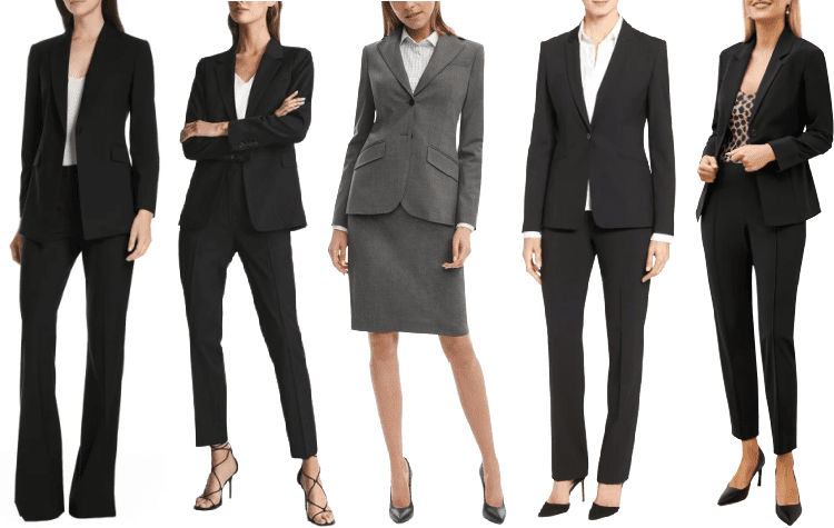 5 professional women wear affordable suits for interviews; all suits shown are around 0-00 for two pieces