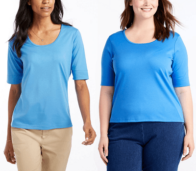 pima tops in light blue, illustrated with a skinnier model and a plus-size model