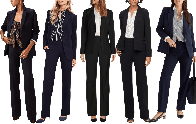 5 professional women wear affordable suits for interviews; all suits shown are under $500 for two pieces