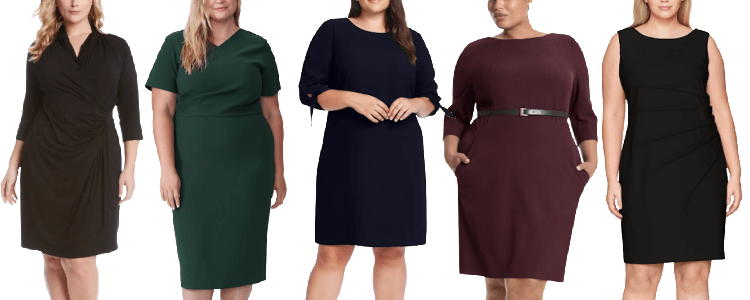 collage of five women wearing our top recommended plus-size dresses for work 