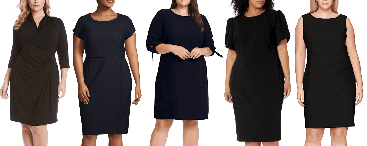 collage of 5 women wearing plus-size work dresses
