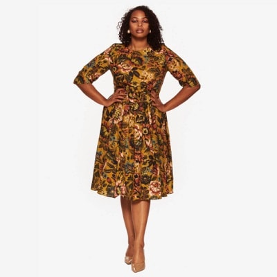 autumn-colored print dress that can be made to measure
