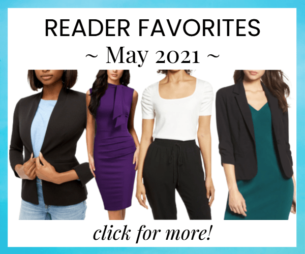 house ad for Corporette post featuring reader's workwear finds for work in May 2021