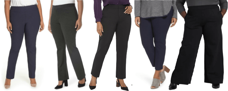 collage of 5 stylish plus-size pants for work
