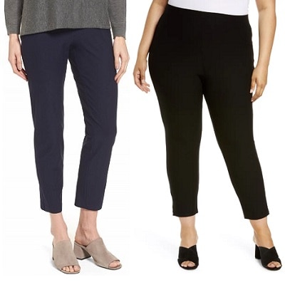 two women wearing comfortable pull-on pants for the office; one wears regular sizes and the other wears plus sizes