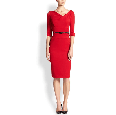red work dress with asymmetrical neckline and elbow sleeves