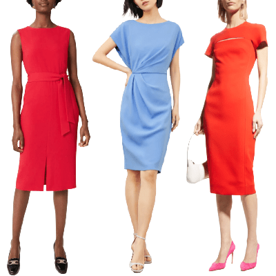 collage of 3 women wearing colorful work dresses: red, light blue, and a reddish orange