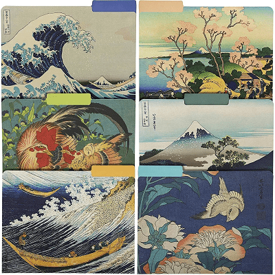 collage of pretty file folders with scenes from a Japanese artist