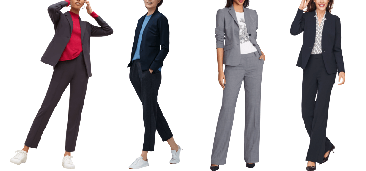 collage of 4 travel-friendly suits for women: 1) gray pantsuit, 2) navy pantsuit, 3) gray pantsuit, 4) navy pantsuit