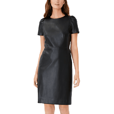professional woman wears faux leather puff sleeve flare dress