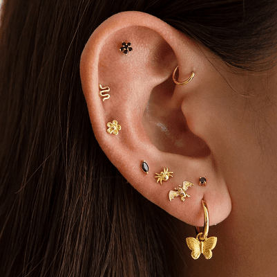 A variety of stylish and well-maintained ear piercings showcasing different jewelry styles and placements