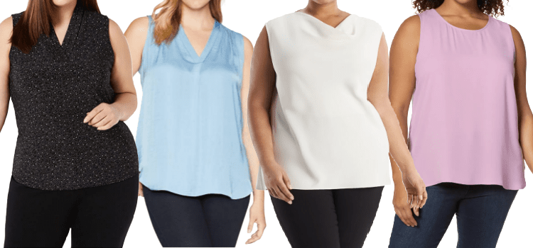 collage of 4 plus-sized women wearing sleeveless tops