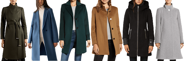 collage of six classic coats for work: 1) Ted Baker olive green wrap 2) Aritzia blue coat 3) Sam Edelman green notch coat 4) tan Fleurette cashmere car coat 5) Soia & Kyo black dramatic coat and 6) Cinzia Rocca cashmere stand-collar coat  