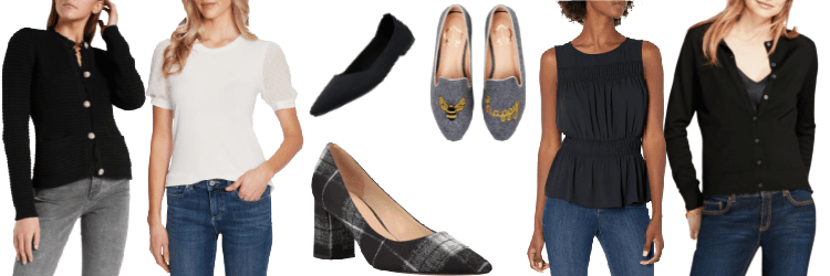 Collage of a textured black cardigan, white puff-sleeve blouse, black knit flat, gray loafer flats that say 