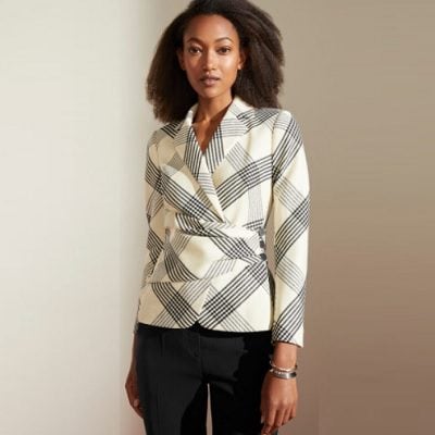 ivory and black check jacket with asymmetric drapey fold details