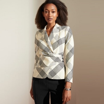 ivory and black check jacket with asymmetric drapey fold details