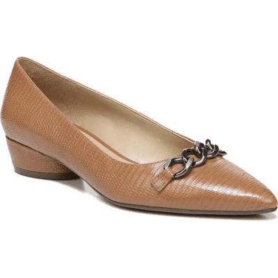 light brown low heel for work with chain detail on vamp