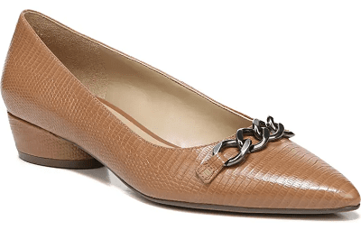 light brown low heel for work with chain detail on vamp