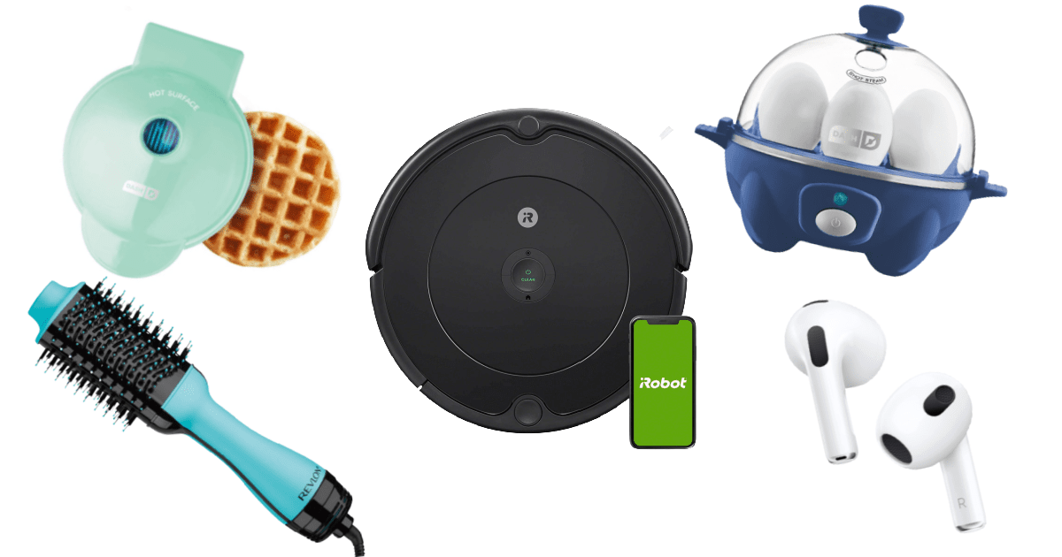 collage of light green mini-waffle maker / Roomba / dark blue egg cooker / AirPods / Revlon One-Step Hair Dryer and Volumizer