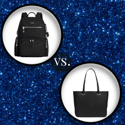 image of a stylish black backpack for work, the word "vs.", and an image of a black work tote bag against a sparkly blue background
