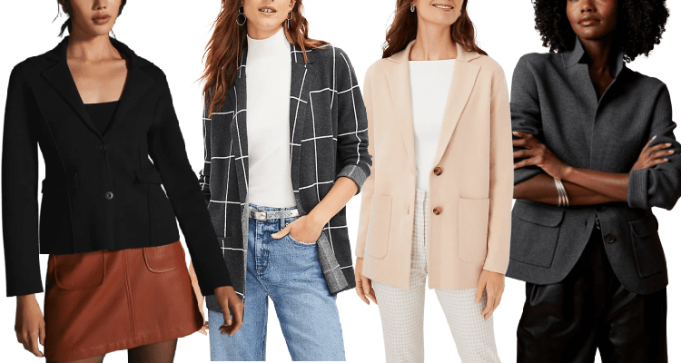 four women in some of the trendiest sweater jackets for the office in 2022: a black sweater blazer, a trendy windowpane sweater jacket, a peach oversized sweater jacket, and a gray knit blazer with a notch collar