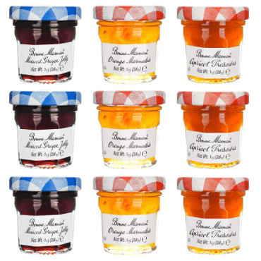 nine jams and jellies in jars