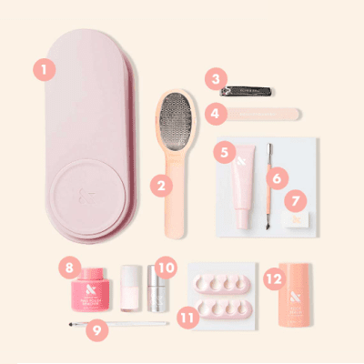 12 items in a pedicure set, numbered and with a pink background
