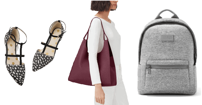 collage of Oct. (Boden flats with straps), Nov. (Cuyana hobo) and Dec. (Dagne backpack)