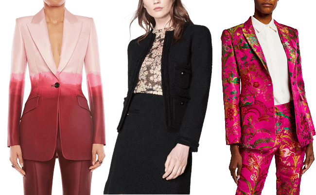 collage of Jan suit (red pink sunset ombre), Feb. suit (black tweed) and March suit (hot pink paisley with green accents)