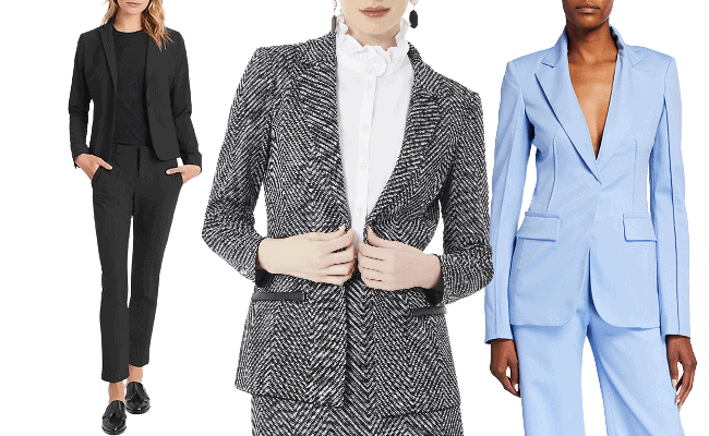 collage of July (washable wool suit from BR), August (herringbone Missook skirt suit), September (light blue Altuzarra suit) 