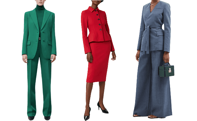 collage of October (kelly green Lafayette 148 suit), November (bright red Hobbs skirt suit), and December (dusty blue Altuzarra suit with wiiiiide trousers)