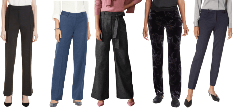 collage of five warm women's dress pants for winter: black wool Boss, navy Talbots flannel, gray wool blend Boden with tie waist, printed velvet from Nic & Zoe, and wool blend cropped pants from Theory