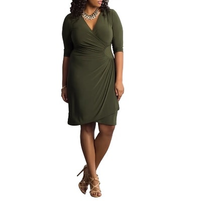 olive color dress with faux wrap and cinch waist