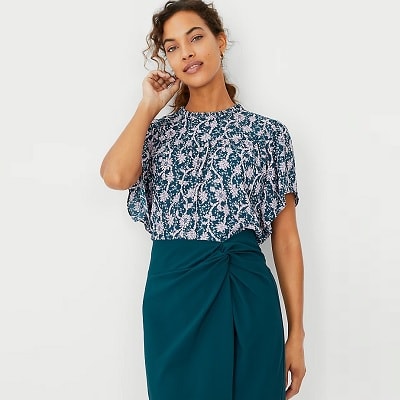 Floral Mixed Media Ruffle Neck Top