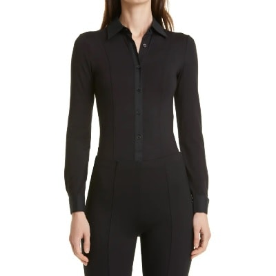 a bodysuit that looks like a dress shirt with buttons and a collar