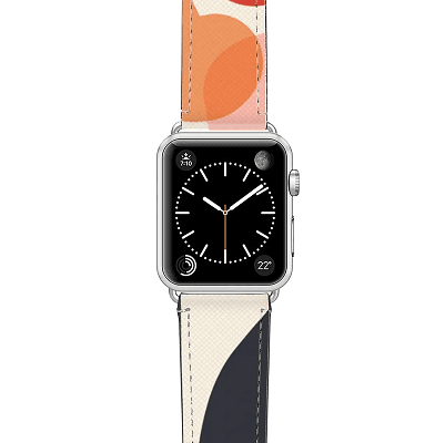 Apple watch band with splotches of black, white, coral, and pink 