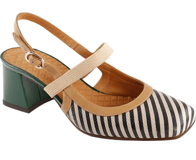 black and white stripey shoe with a dark green heel and beige straps