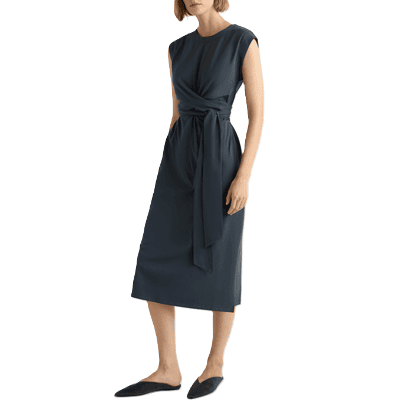 navy midi dress with long wrap sash tie belt