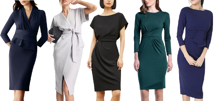 collage of five work dresses with details such as twists and origami-like folds