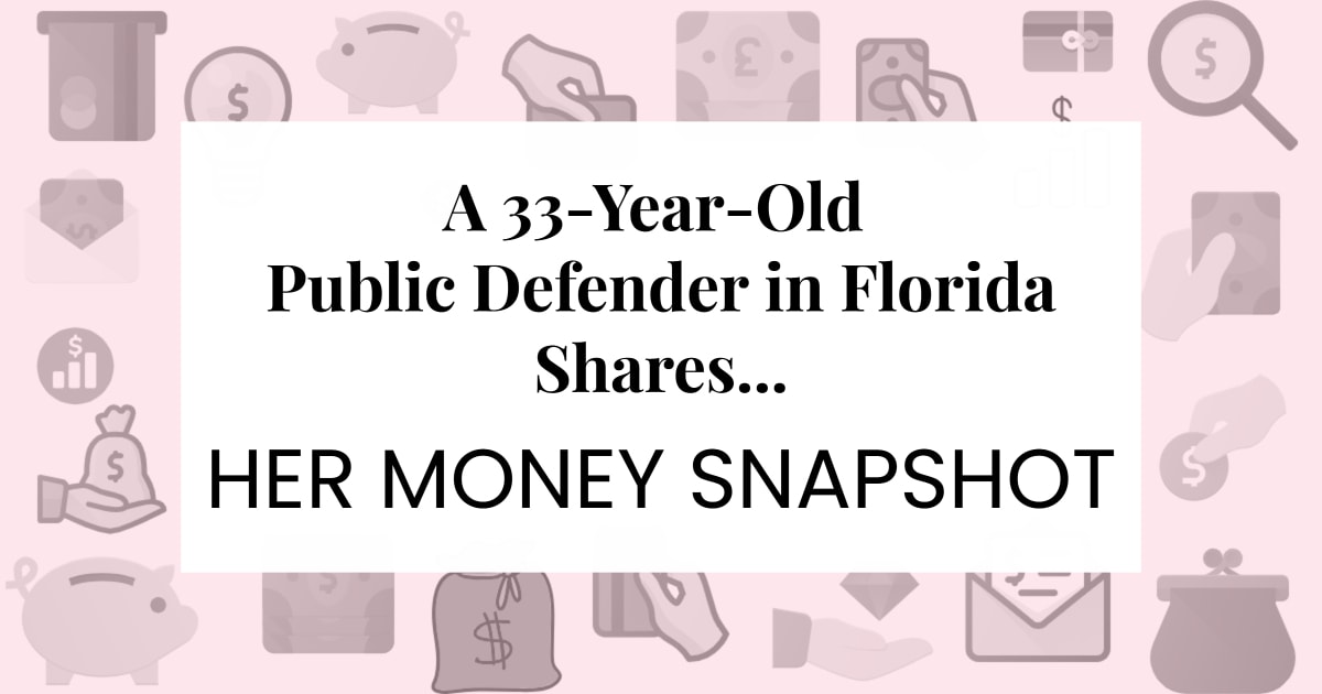 A pink rectangle with money-related icons and the text "A 33-year-old public defender in Florida shares her Money Snapshot..." 