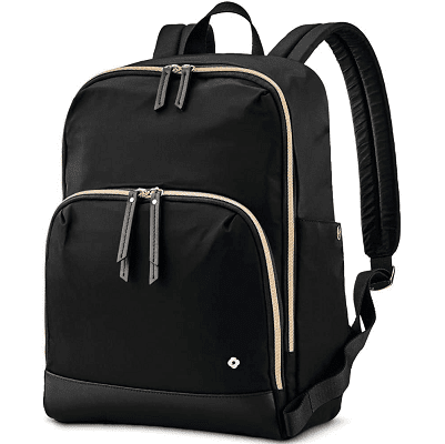 black backpack with laptop compartment; there are gold zippers