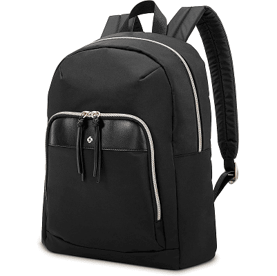 black backpack with laptop compartment; there are gold zippers