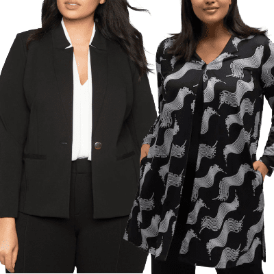 collage of women wearing two work jackets, both available above size 3X