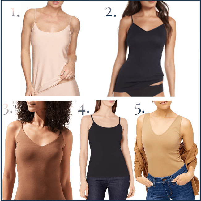 collage of 5 women wearing camisoles for work: 1) woman wearing nude-for-her camisole with scoopneck, 2) woman wearing black cami with V-neck, 3) Black woman wearing nude-for-her camisole with V-neck, 4) woman wearing black camisole with scoopneck, 5) woman wearing nude-for-her camisole with rounded V and thicker straps 