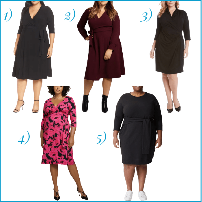 collage of 5 dresses: 1) black with elbow sleeves, 2) burgundy with long sleeves, 3) black mock wrap with three-quarter sleeves, 4) hot pink print with three-quarter sleeves, and 5) mock wrap with round neck and three-quarter sleeves sleeves