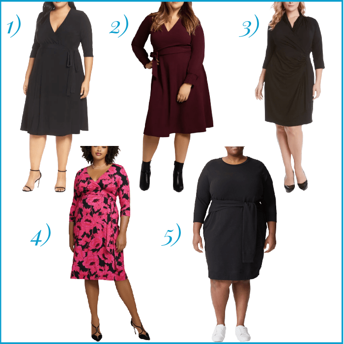 Collage of 5 dresses: 1) black with elbow sleeves, 2) burgundy long sleeves, 3) black faux shawl with three quarter sleeves, 4) three quarter sleeves with hot pink print and 5) crew neck and triple faux shawl with quarter sleeves