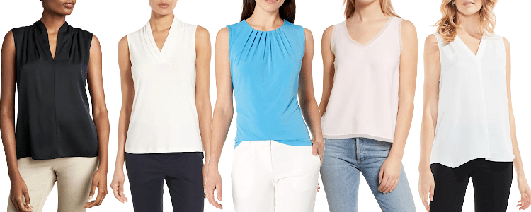 collage of 5 women wearing sleeveless tops appropriate for layering with work outfits