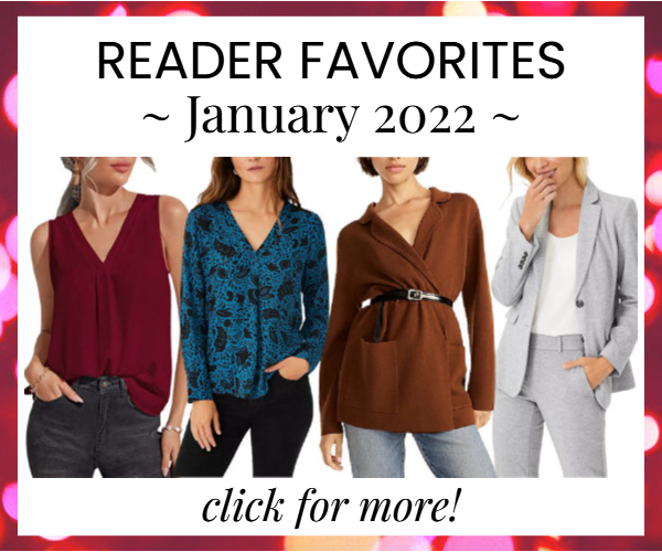 house ad for our roundup of what readers bought to wear to work in January 2022; image features a burgundy sleeveless blouse, a popover in a blue and black print, a belted brown sweater blazer and a light gray herringbone suit  